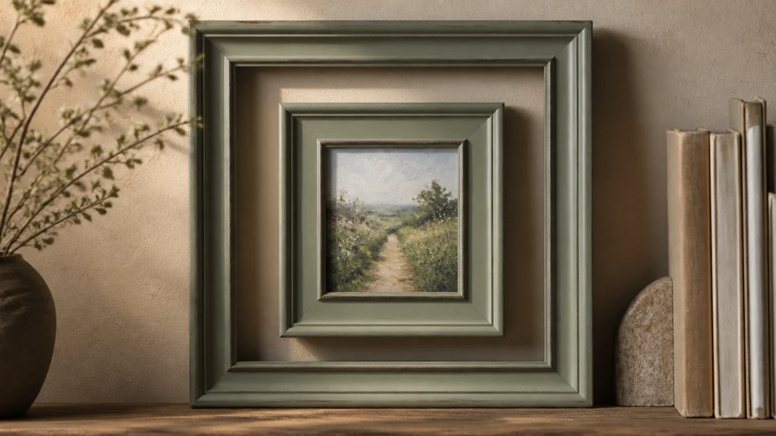 Two thrift frames of different sizes painted one color and nested, a small frame centered inside a larger open one.