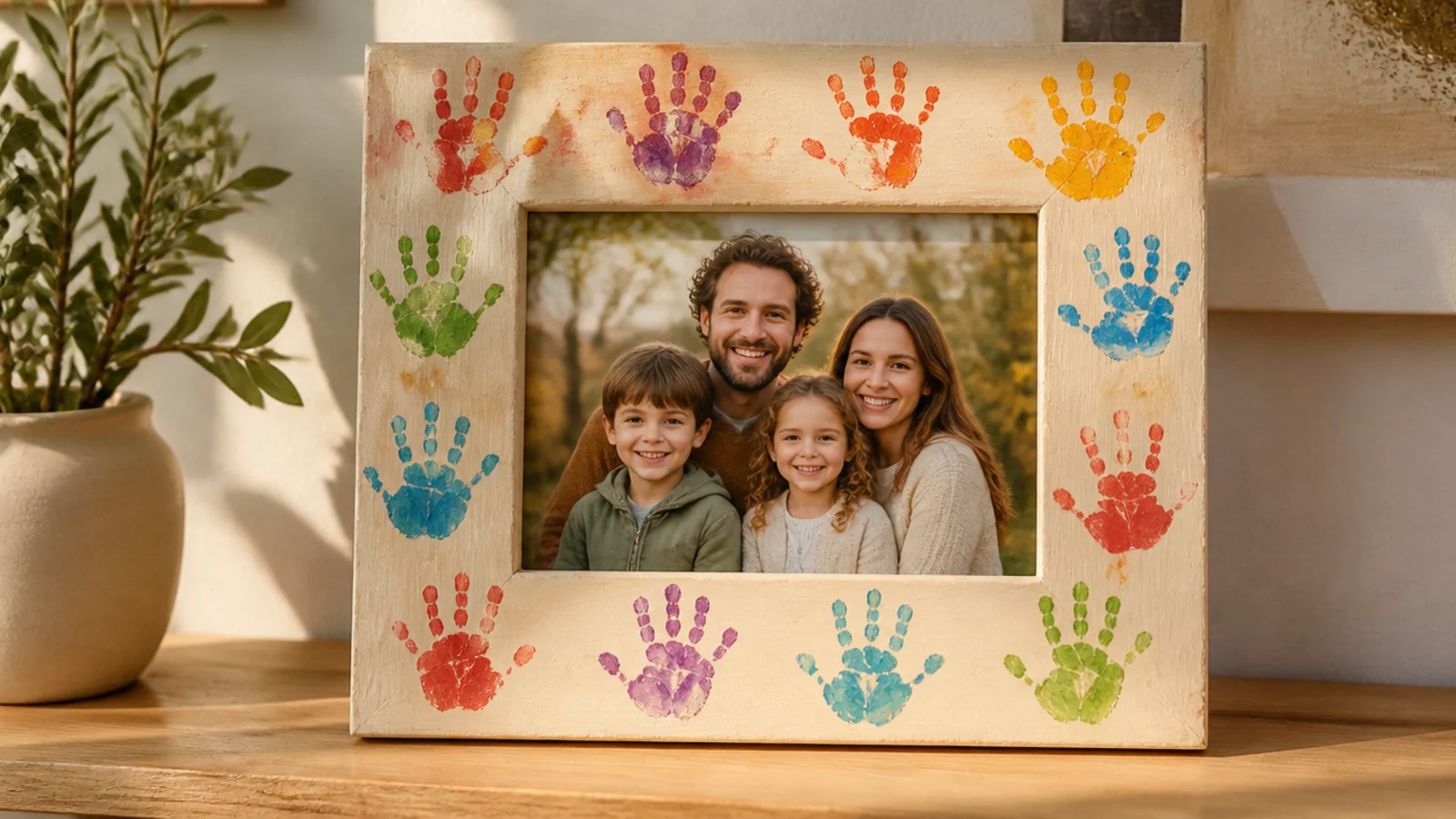 A painted wood or cardboard frame decorated with a child's colorful handprints around a family photo.