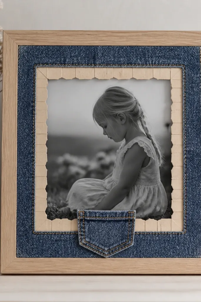 A light wood frame with a denim strip framing the opening. A small pocket shape is made from denim and stitched near the bottom edge. Tiny cream paper ticket stubs line the inner border around the photo.