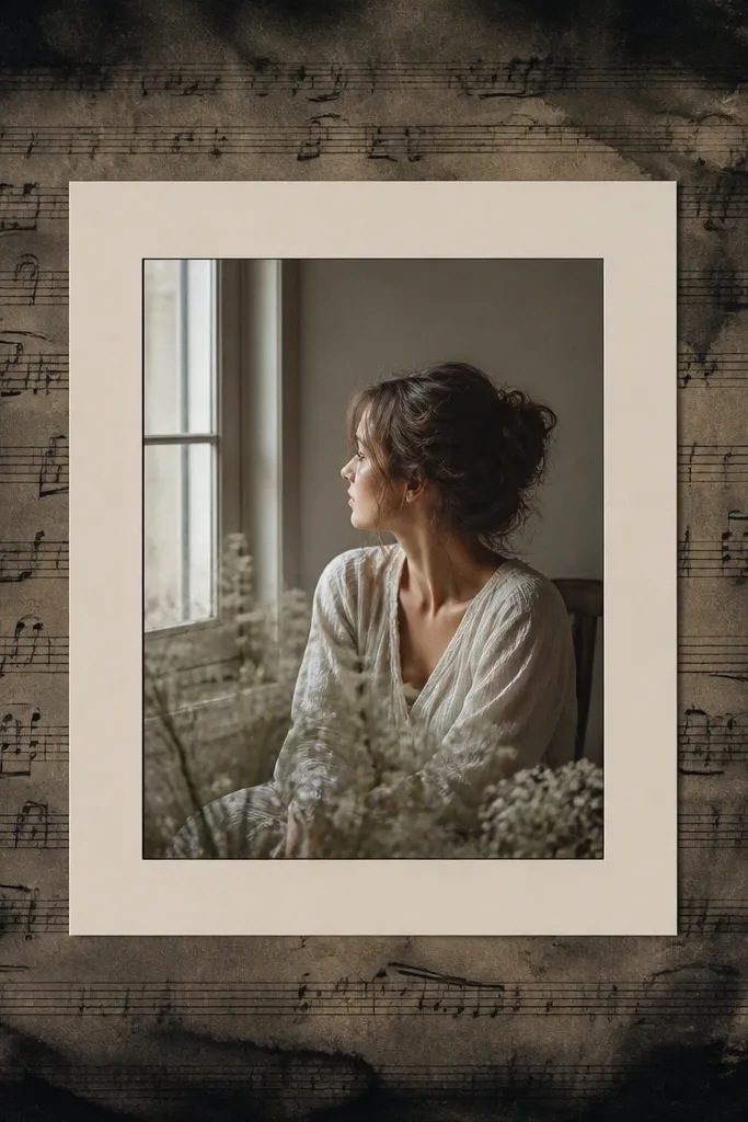 A darkened frame with sheet music paper covering the background behind the photo. The outer frame edges look smoky and uneven, like a black ink wash. The photo is centered on a cream mat.