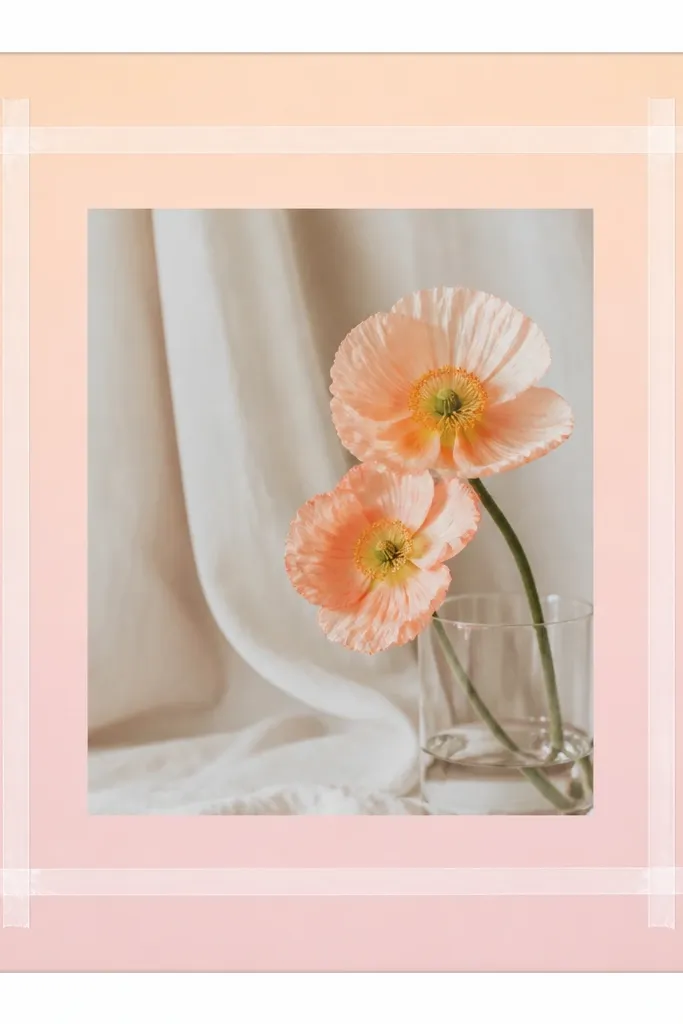 A white frame with a soft ombre background inside: pale peach fading into light pink near the photo. The inner border has a clean line made from clear tape strips, like a geometric frame.