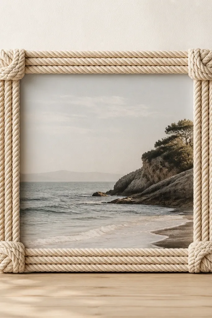 A frame wrapped in thick cream rope around the outer edges. At each corner, a small knot block is tied and tucked neatly, with a clean rope pattern around the face.