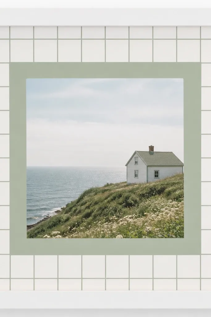 A white frame with a grid of thin washi tape inside the border. The photo sits on a mat colored the same tone as one of the tape colors. Tape lines are straight and evenly spaced.
