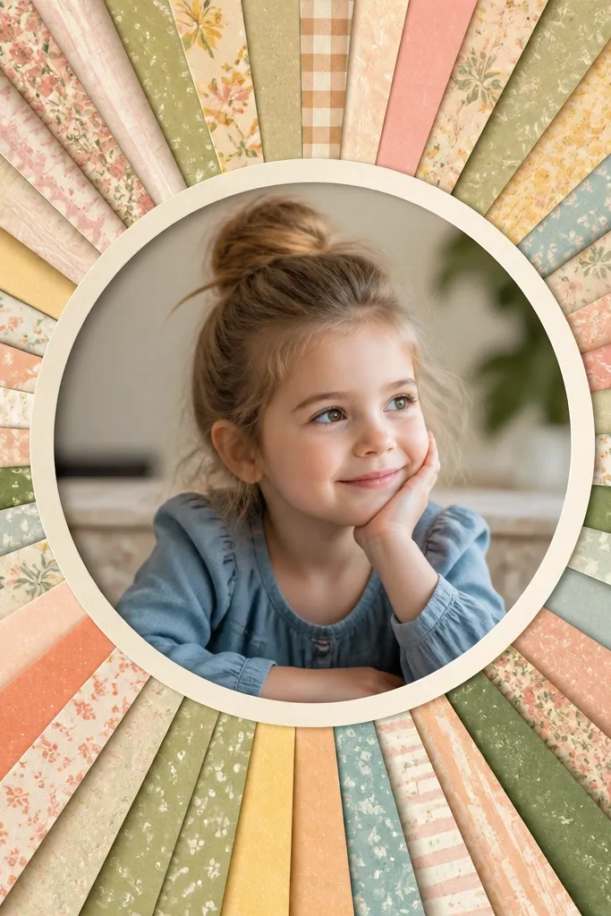 A frame where the background behind the photo looks like a paper burst made from fan-folded scrapbook strips. A circular cutout mat holds the photo in the center.