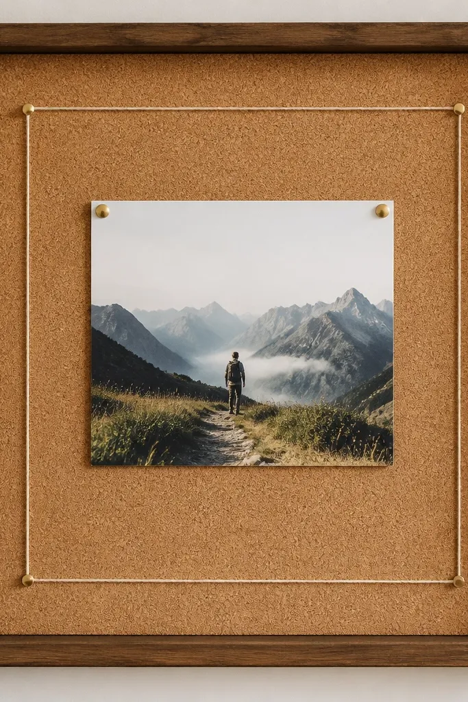 A corkboard backing inside a frame. The photo is pinned at the center with two small pushpins. A thin fabric string forms a neat rectangle border around the photo.