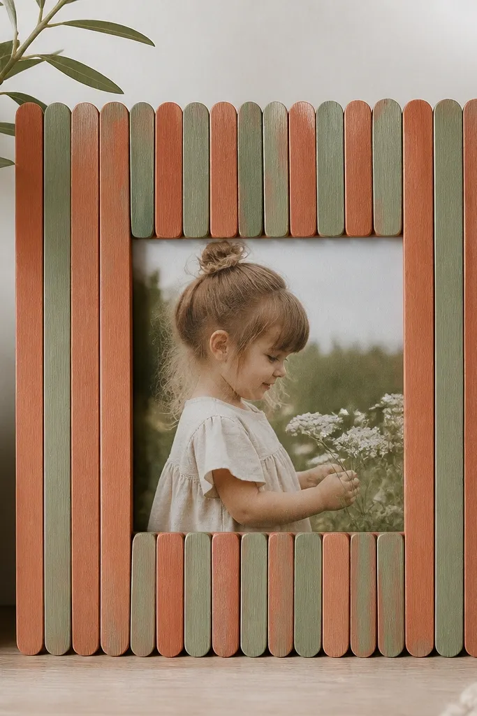A frame with a border made from painted popsicle sticks. The sticks are arranged in a tight rectangle around the photo opening, with a matte finish. Colors are muted: sage green and clay terracotta.