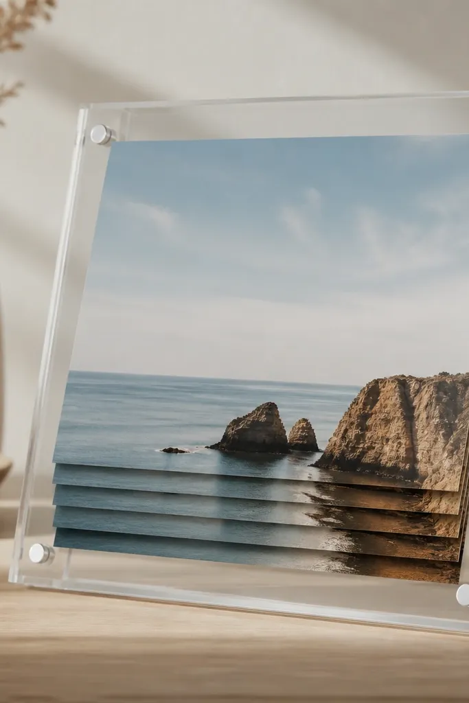 A transparent acrylic frame holding a photo that looks layered. Several thin photo strips overlap near the bottom, like a stepped stack.