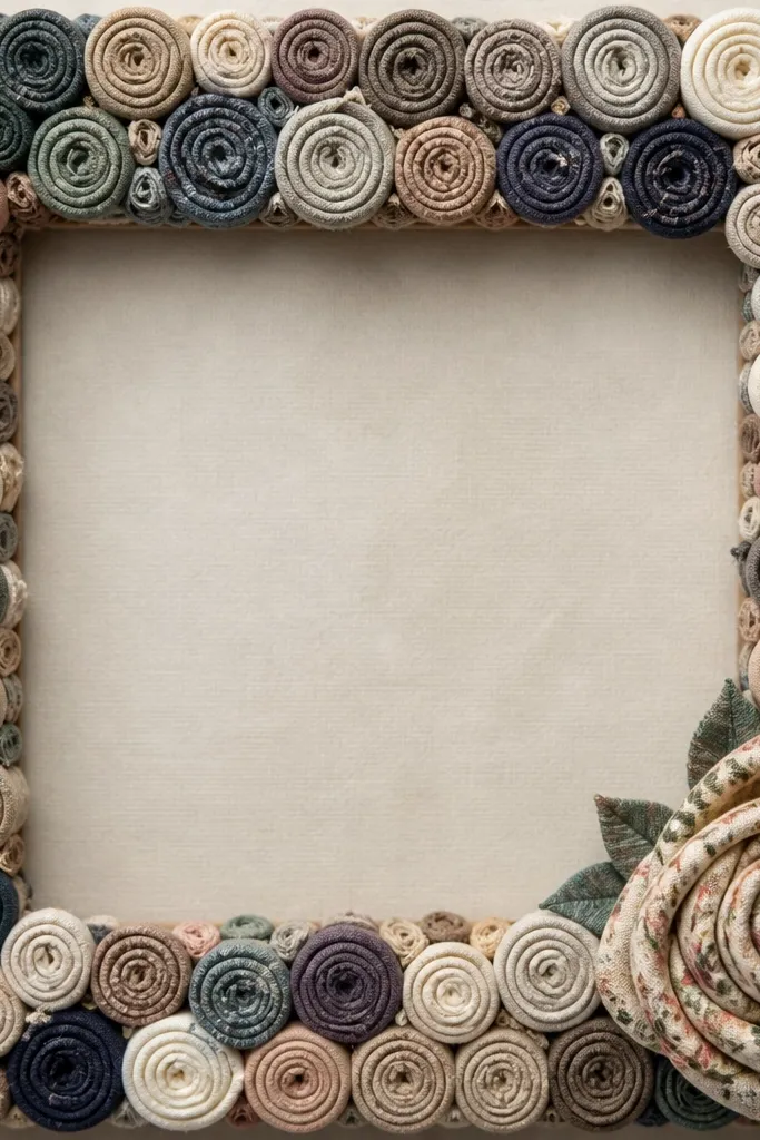A frame with a background made from tightly rolled fabric scraps arranged like small coils. One corner has a larger rolled rose made from a patterned fabric strip.
