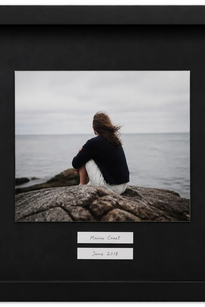 A frame painted matte black inside edges like a chalkboard. The photo sits in the center. Small white label stickers with handwritten text sit near the bottom like captions.