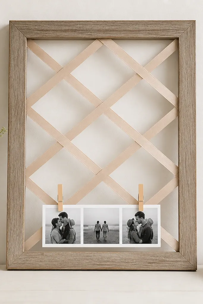 A frame with a ribbon lattice across the inside opening. Two tiny clothespins hold a small photo strip at the bottom edge. The rest of the photo is centered and clean.