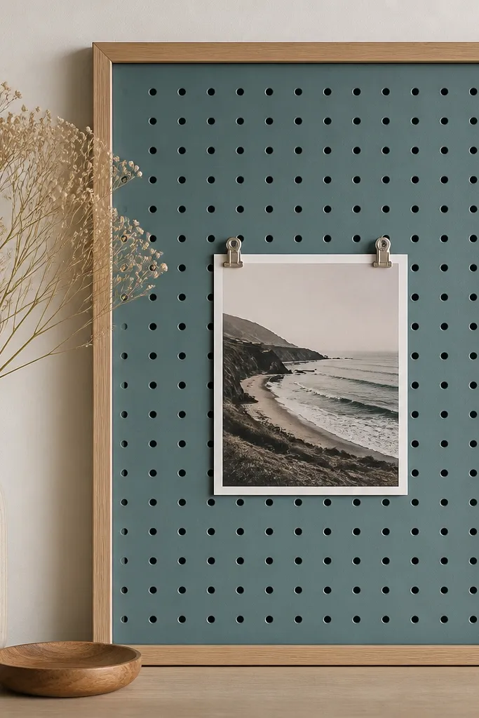 A pegboard cut to fit inside a frame. The pegboard is spray-painted in a muted teal. A photo is clipped with small metal clips near the center.