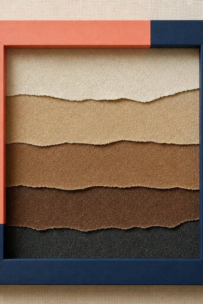 A frame with a background made from sandpaper pieces arranged from light to dark. The outer frame edges are painted in two color blocks, like coral and navy.