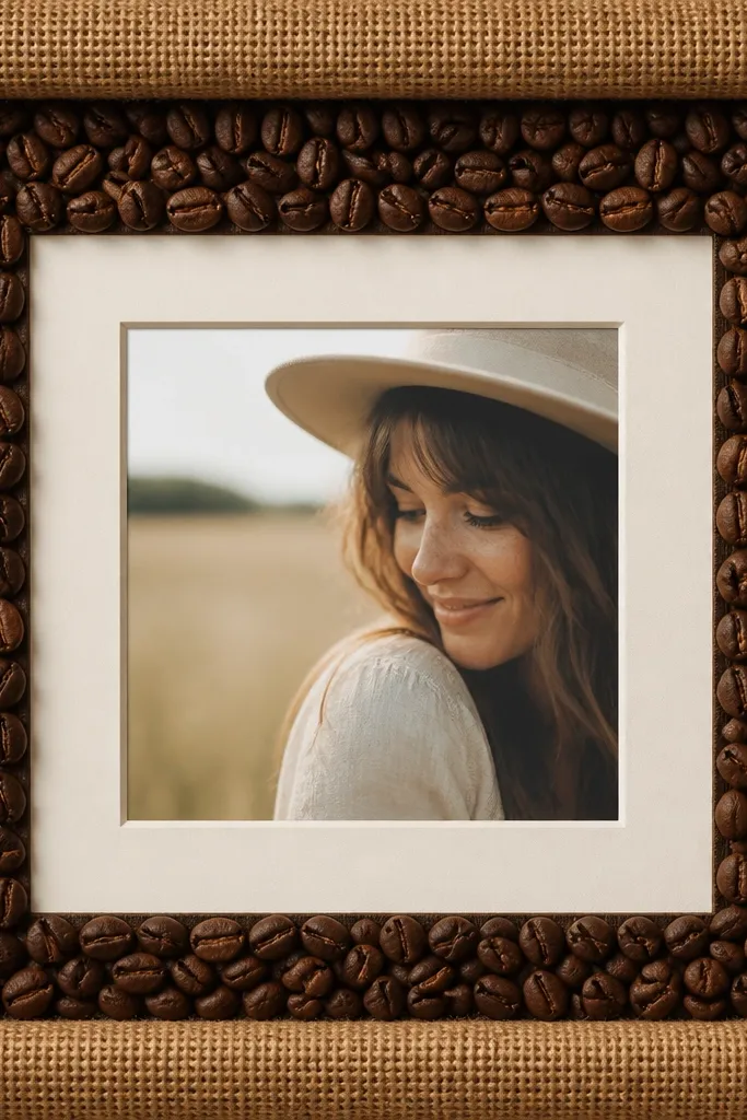 A warm-toned frame with a burlap band across the top and sides. Coffee beans fill the inner border around the photo opening. The photo sits centered on a cream mat.