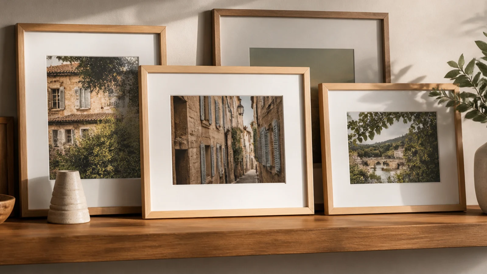 A slim wooden picture ledge on a wall with several framed photos leaning and overlapping casually.