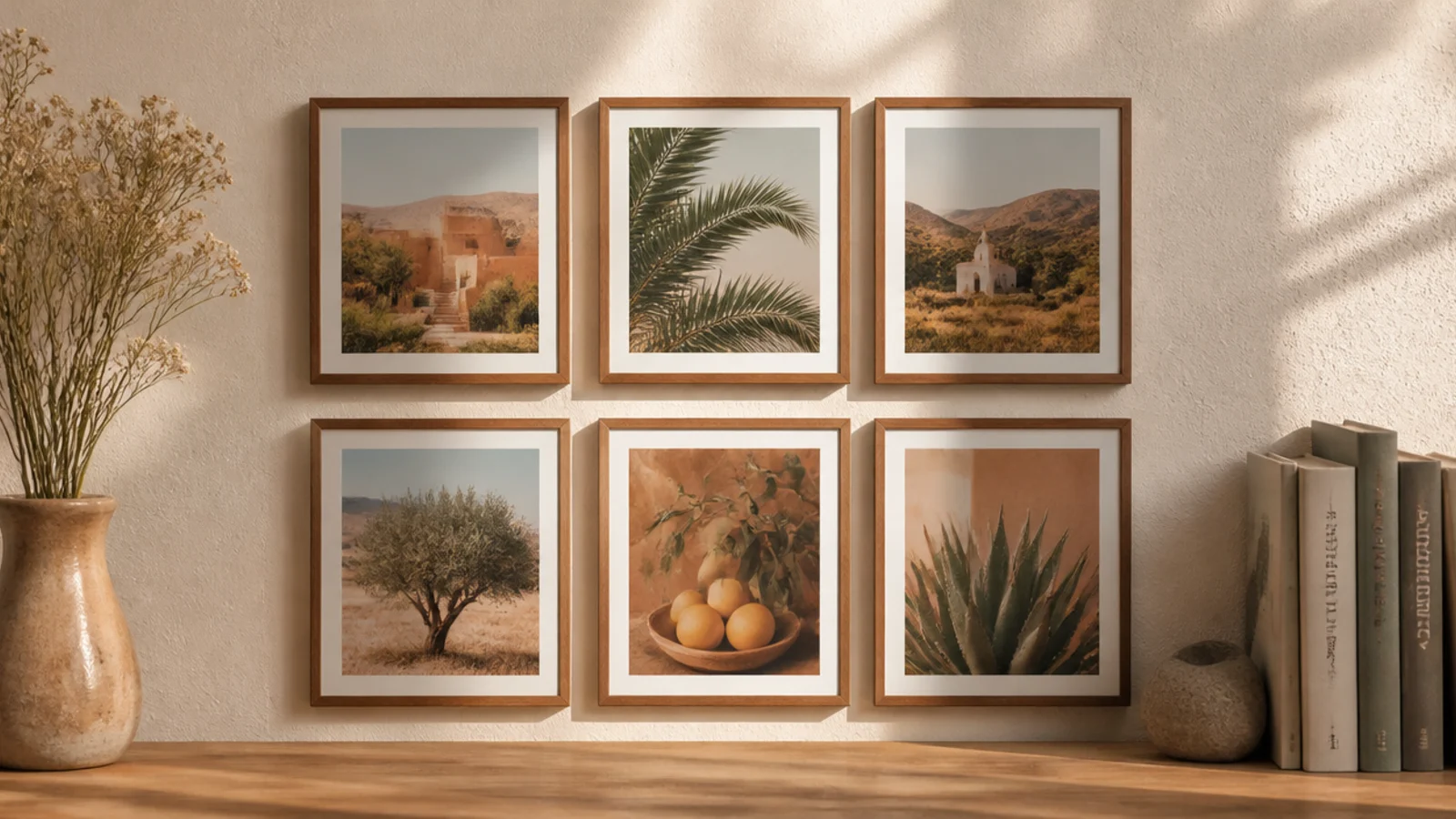 A cluster of small lightweight frames stuck to the wall with adhesive strips in an even arrangement.