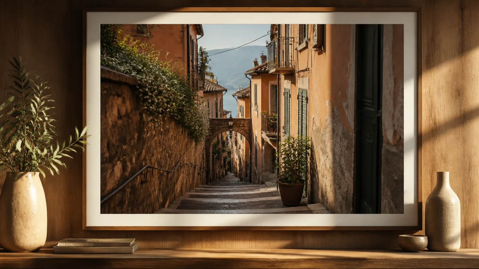 One large framed photo centered on the wall above a console as a bold single statement piece.