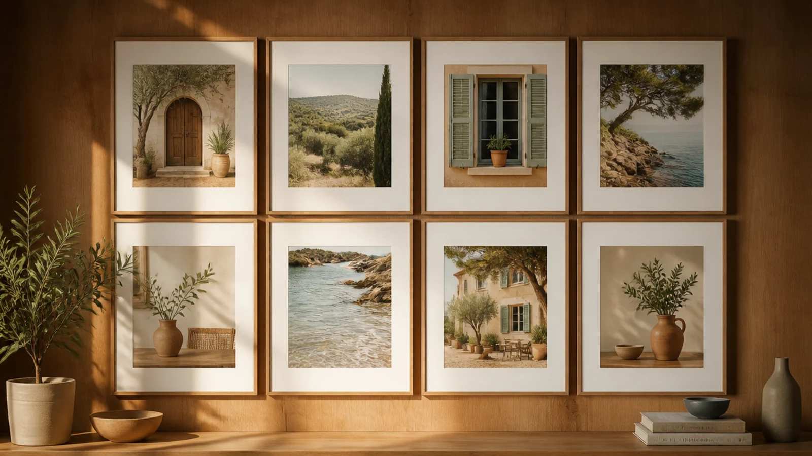 A tidy grid of matching frames in even rows and columns with equal spacing on the wall.