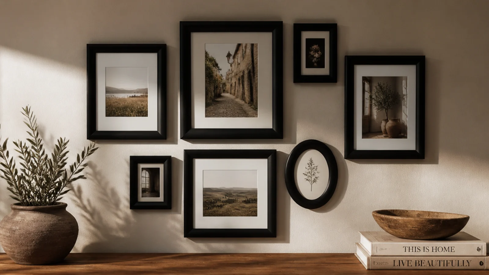 Several mismatched thrift frames all repainted the same matte black, hung together in an arrangement.