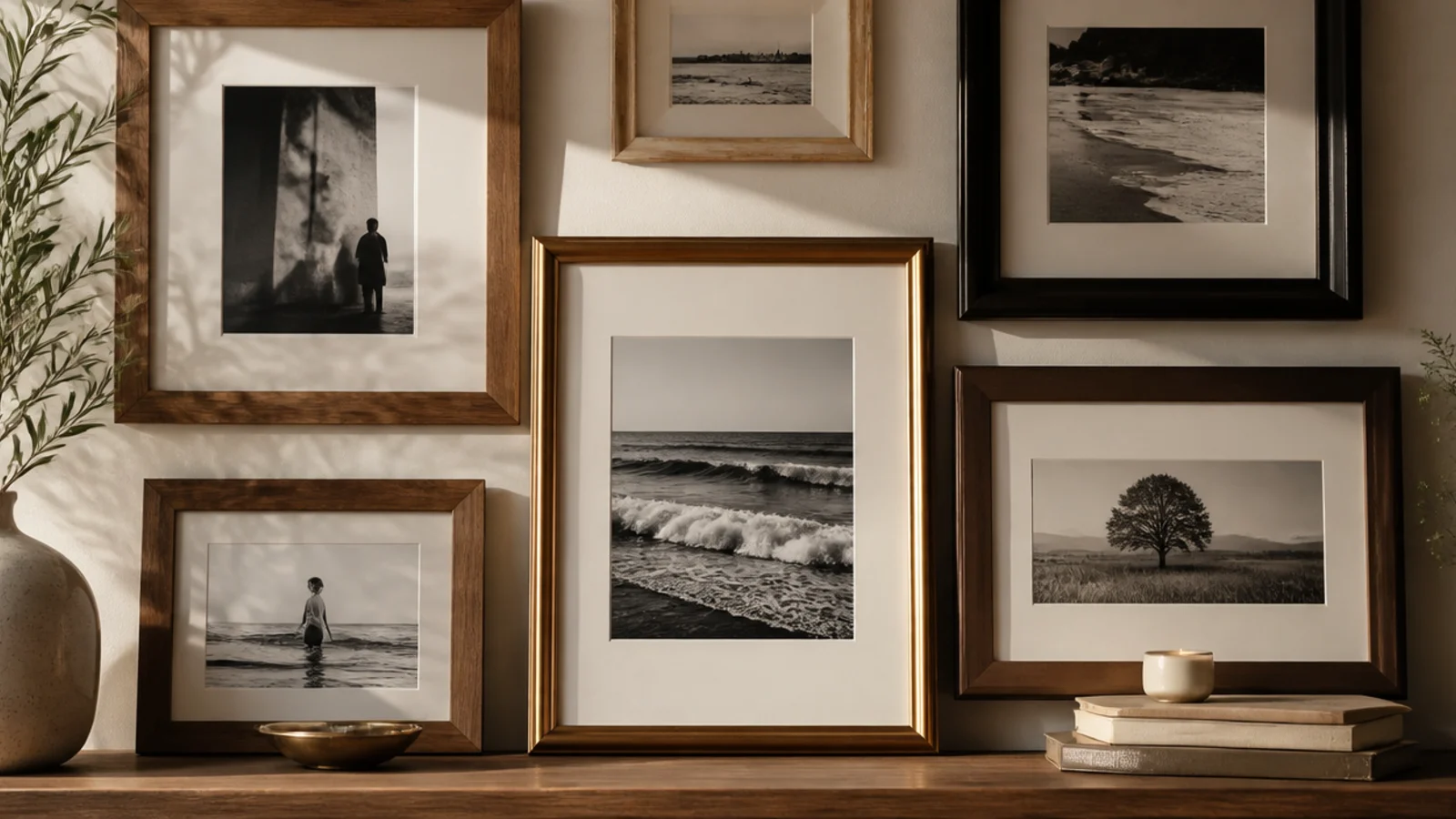 A section of frames all holding black-and-white photos, unifying frames of different styles.
