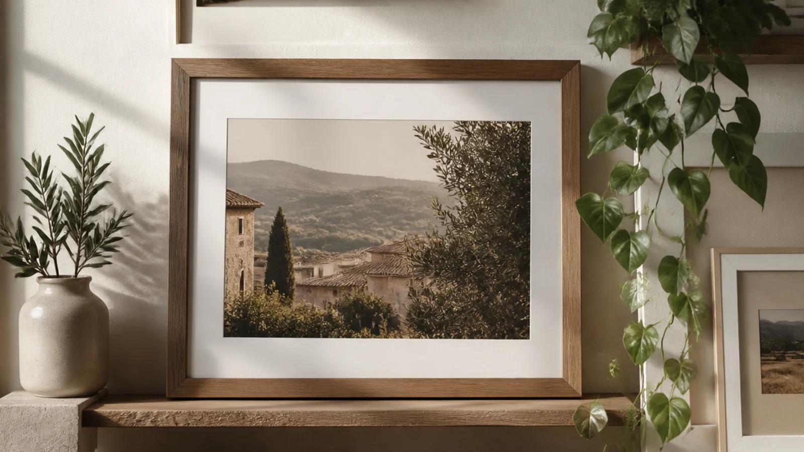 A wall combining hung frames with a small floating shelf holding leaning frames and a trailing plant.