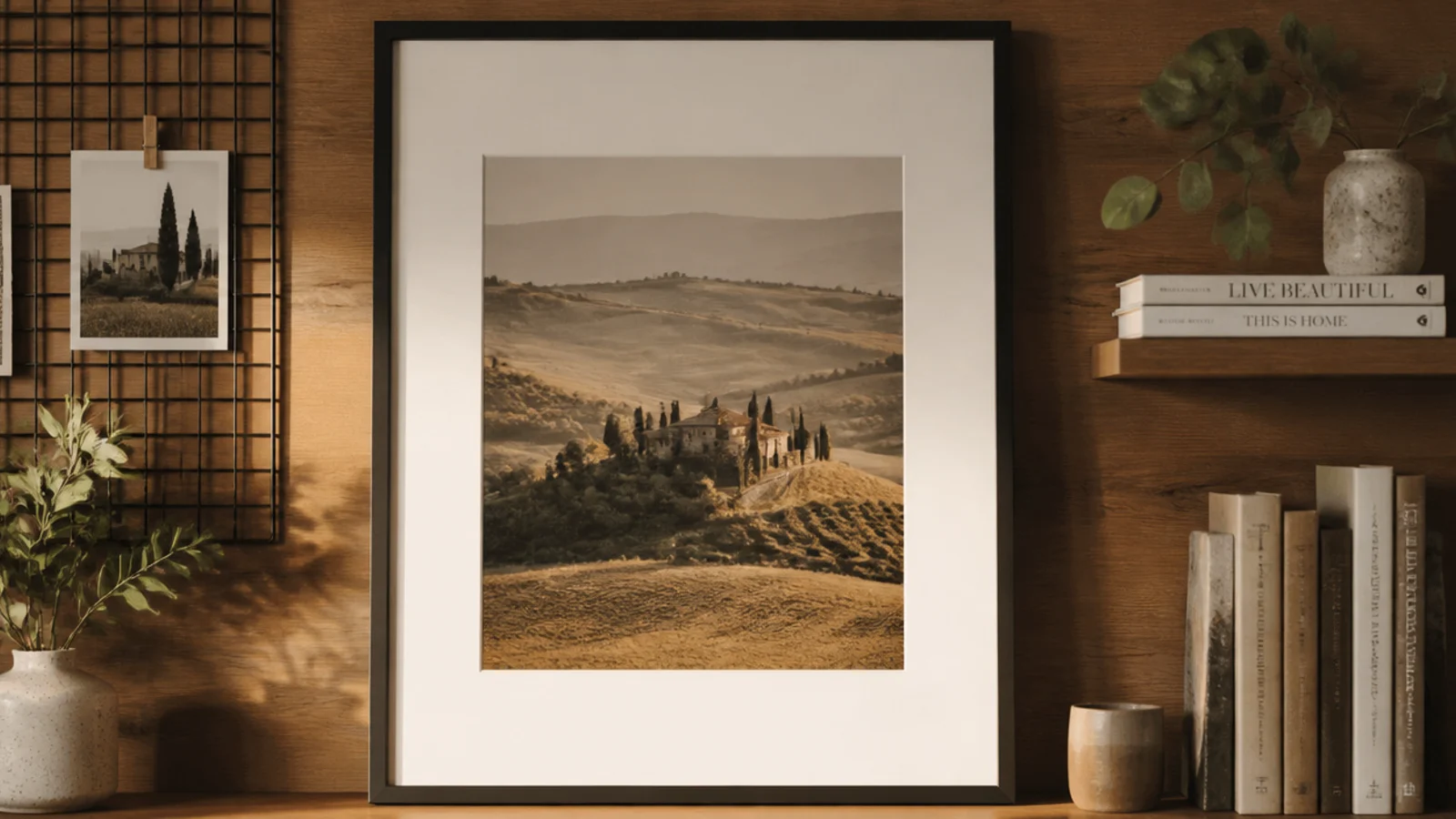 The finished wall combining a ledge, a grid, a big print, and clusters unified by warm wood and black frames.