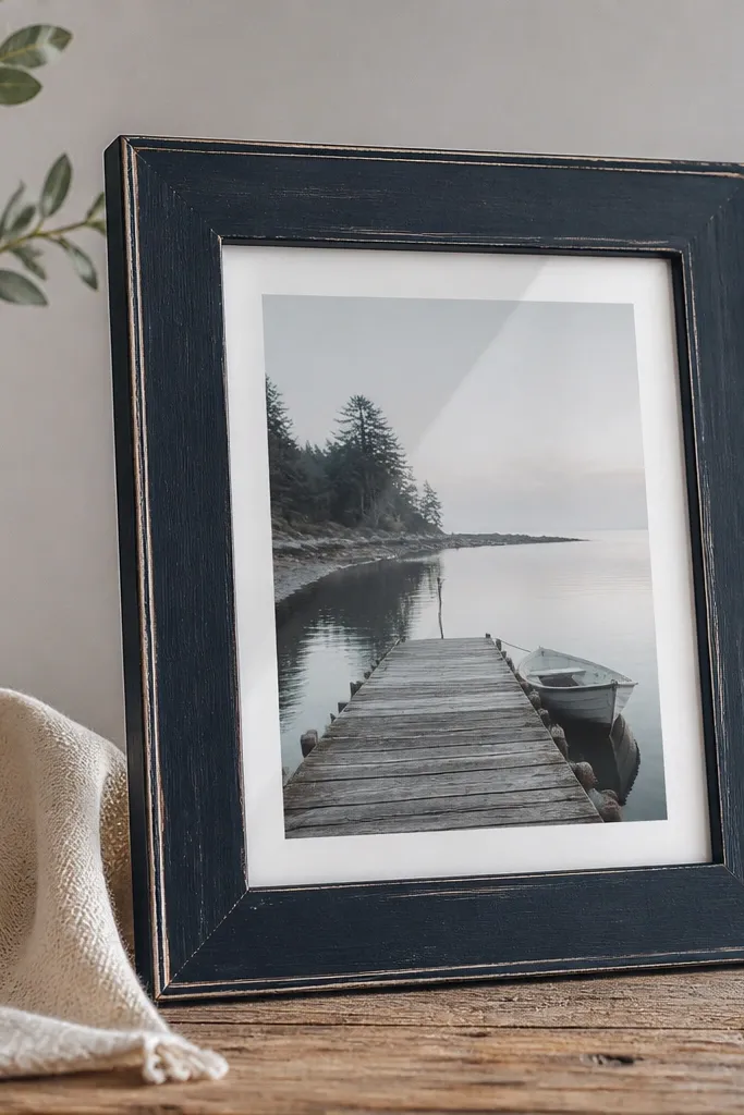 A dark navy stained wooden frame with worn-looking silver highlights along the edges. The corners show gentle distress. The photo opening has a thin white mat and the glass reflects light softly.