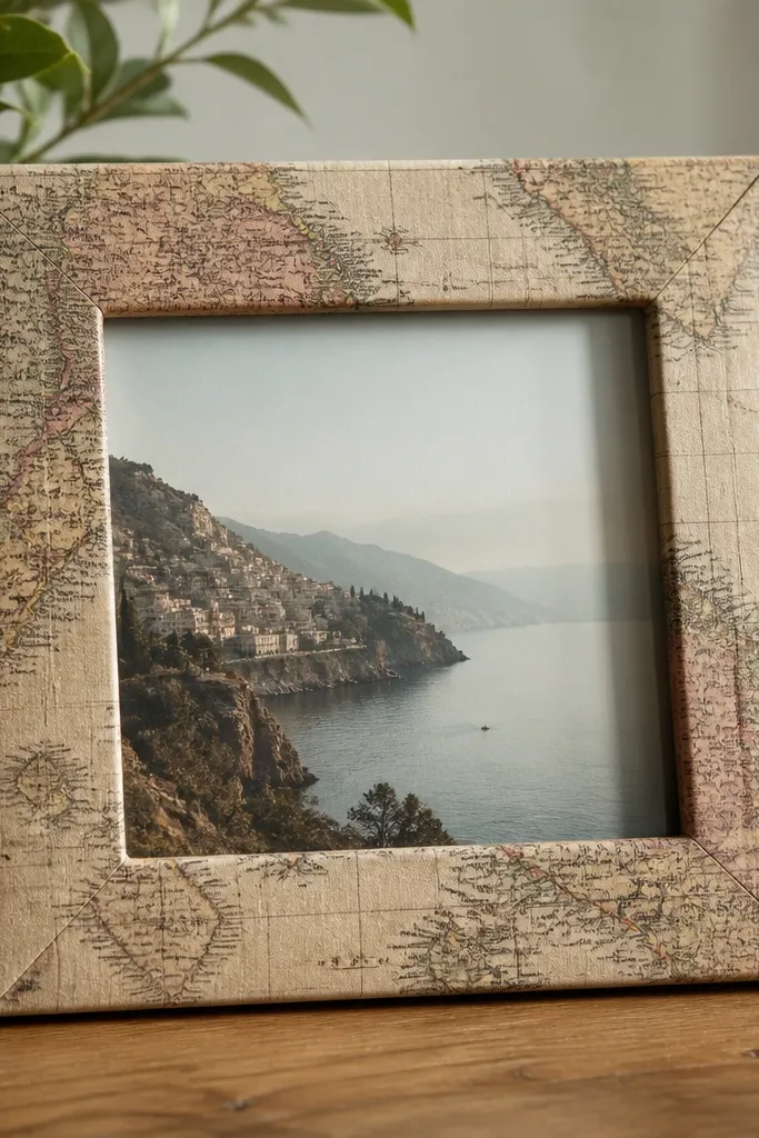 A rectangular frame covered in vintage-style map paper. The map lines wrap around the frame edges, and the corners are neatly overlapped. The center still has a clean photo window with glass.