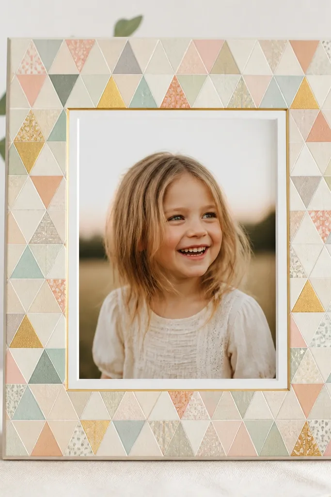 A frame front covered in small geometric scrapbook paper triangles. One thin gold paint line runs around the inside border of the frame like a picture mat. The photo sits in the center with a white inner mat.