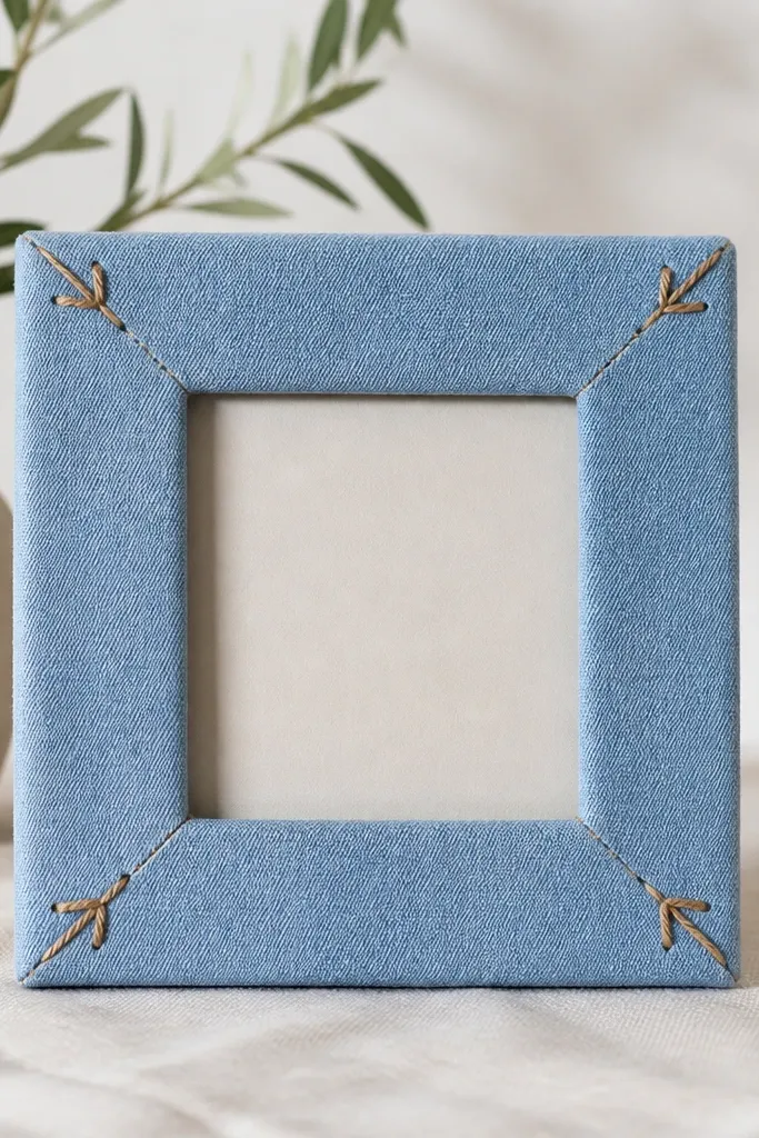 A frame covered in light blue denim fabric. The fabric edges are wrapped around the back, and the front has clean seams. Twine is tied into small corner loops that look like hand stitching.