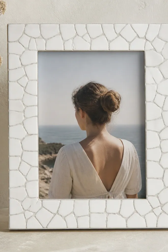 A frame covered with small broken white tiles. The spaces between tiles look like gray grout lines. The photo opening is clean and the glass sits flush.