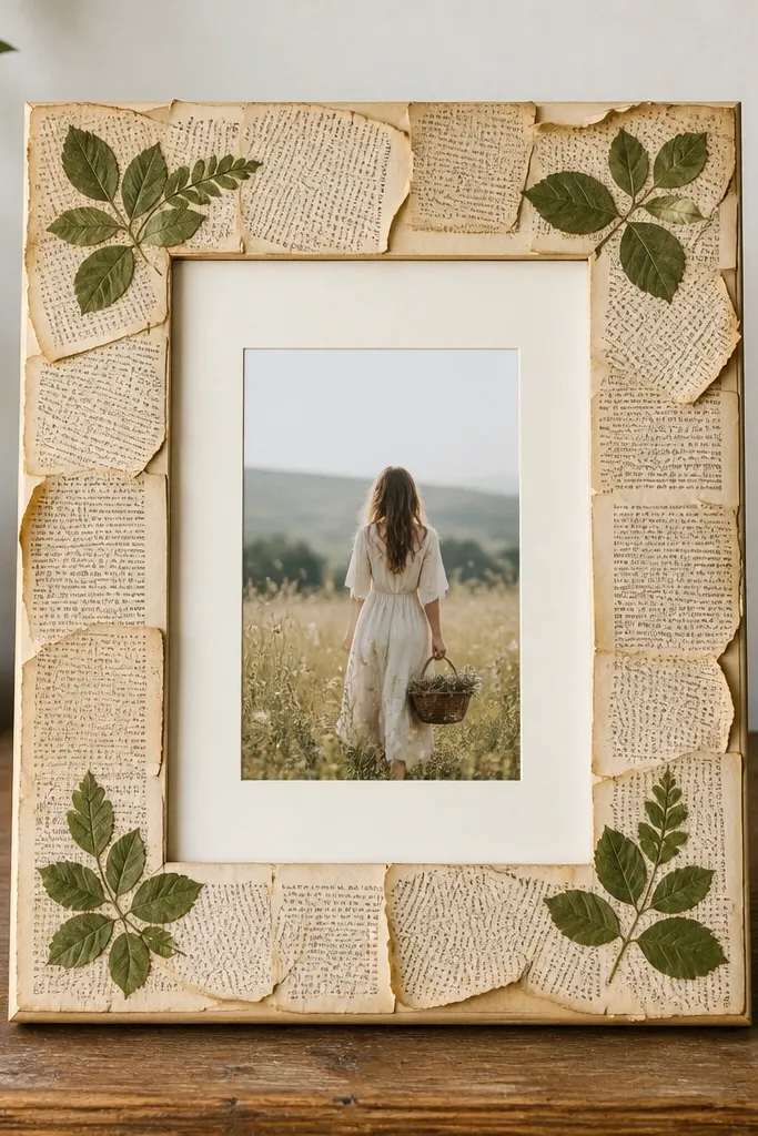 A frame covered in aged book pages, slightly curled at the edges. In the top corners and bottom corners, pressed green leaves are glued flat. The photo is framed with a cream mat.