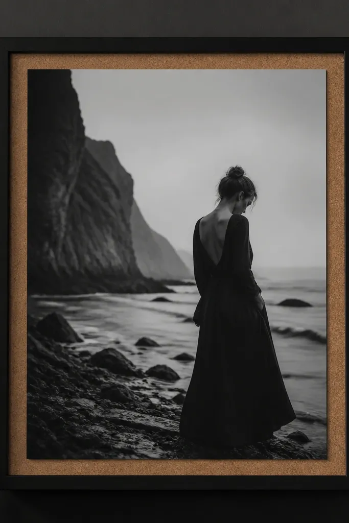A metal frame sprayed matte black. Inside, the photo is mounted on strips of cork, with the cork edges visible like a textured mat. The overall look is modern and dark.
