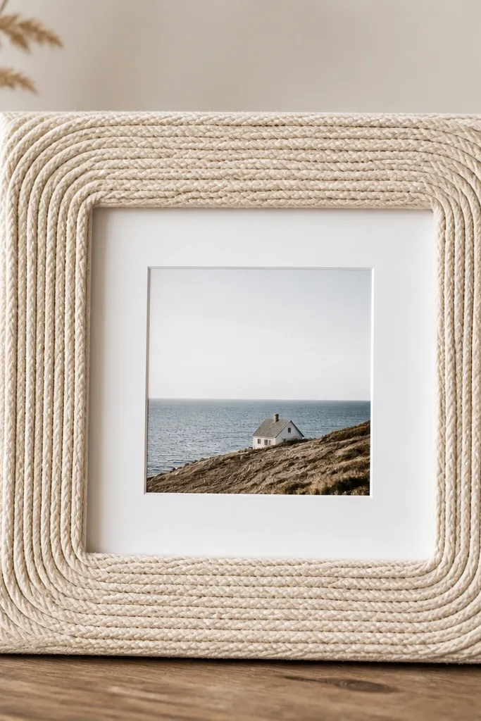 A frame wrapped in thick neutral yarn. The yarn forms a neat spiral line around the outer edge, while the center area stays clean. The photo sits in a simple white mat.