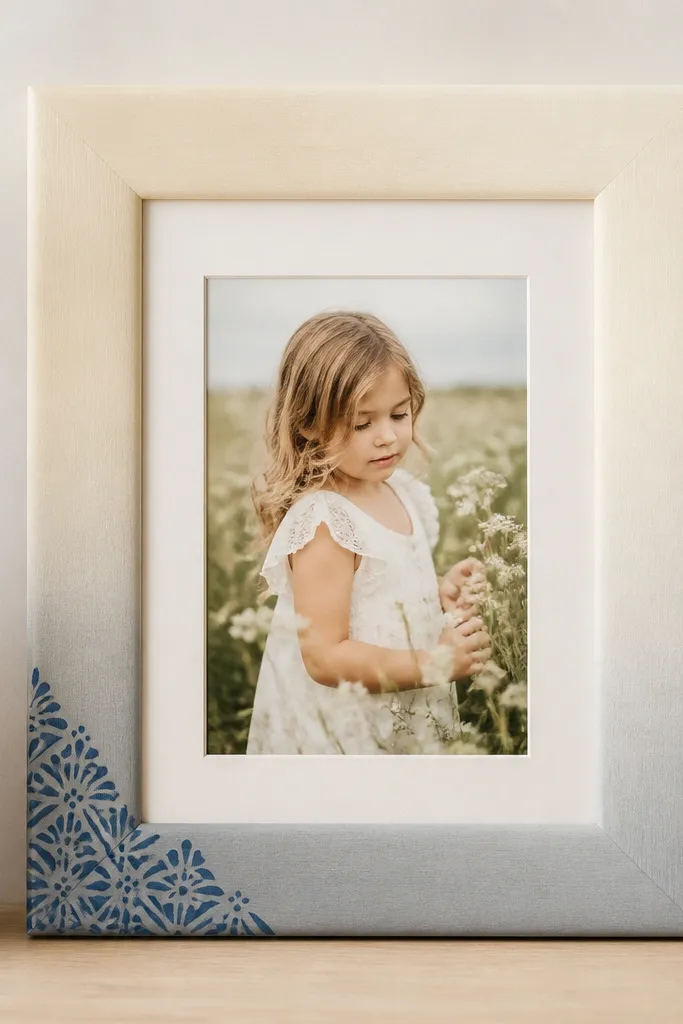 A frame painted with a smooth ombre from light cream at the top to soft gray at the bottom. One corner has a stamped pattern in darker blue. The photo sits in the center with a pale mat.
