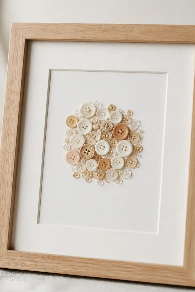 A simple light wood frame with a cluster of buttons and small sequins glued in the center of the photo area. The rest of the frame stays natural. The photo is mounted with a thin mat and foam tape.