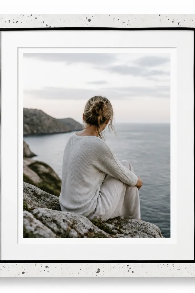 A white frame with controlled paint splatter - small dots in muted gray and black. A thick black marker line runs around the inner opening like a graphic border. The photo sits on a clean white mat.