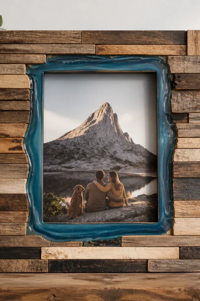 A frame built from reclaimed wood slats, with a clear glossy epoxy line running like a river along the inner edge. The photo sits behind the slats, and the wood grain is visible.