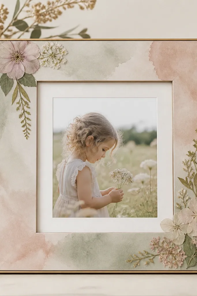 A frame front with a pale watercolor wash in dusty pink and soft sage. Pressed flowers are arranged near the corners, with delicate petals visible. The photo has a light mat and sits behind the glass.