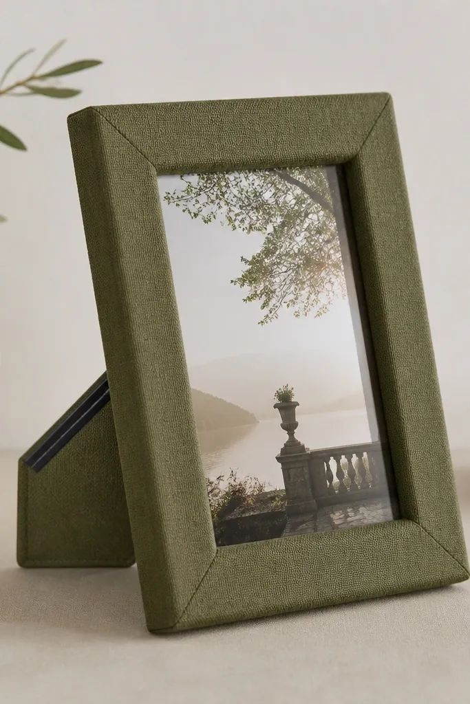 A fabric-covered frame in muted olive. The photo sits behind glass, but the center backing has a subtle seam. A small magnetic strip is visible along the back edge when you tilt it.