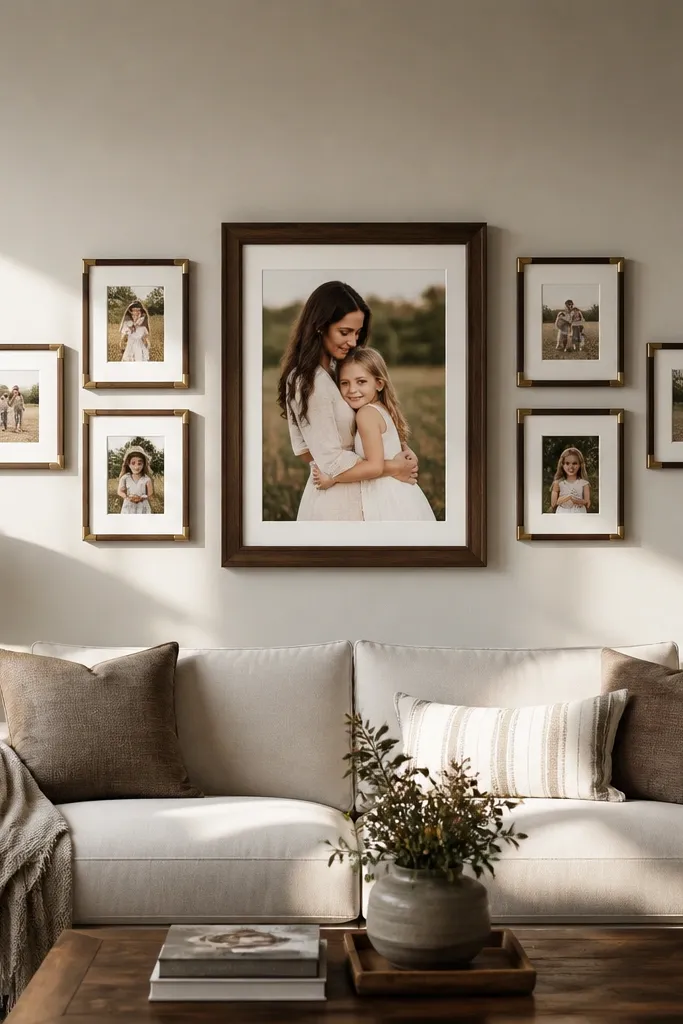 Large center frame with two smaller frames on each side at staggered heights