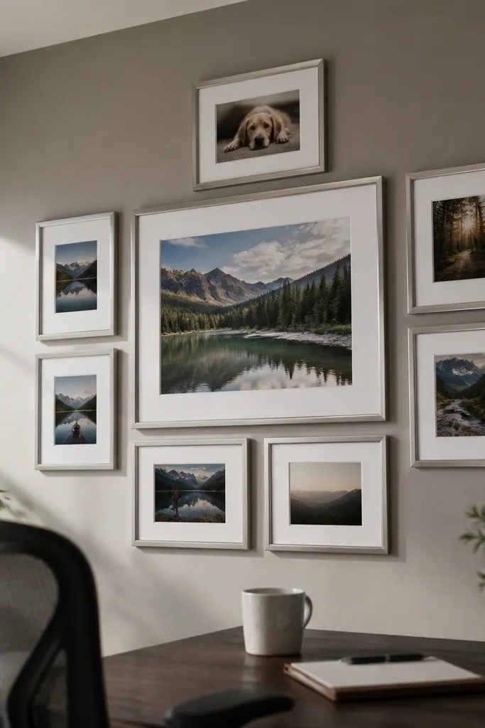 One large centered with smaller frames grouped evenly around it