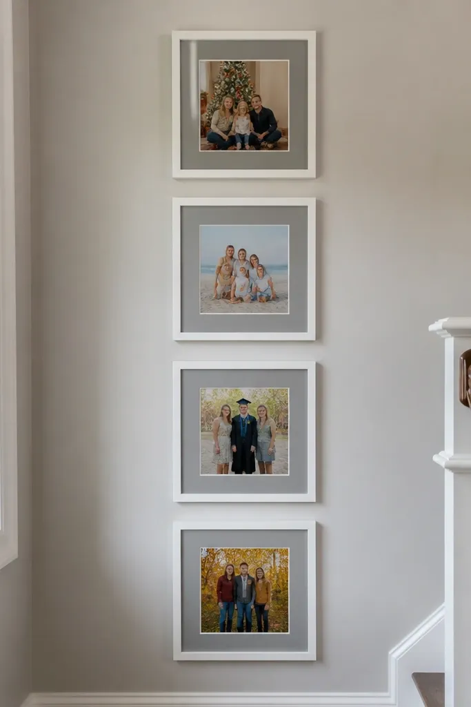 Four vertically stacked frames in a straight column