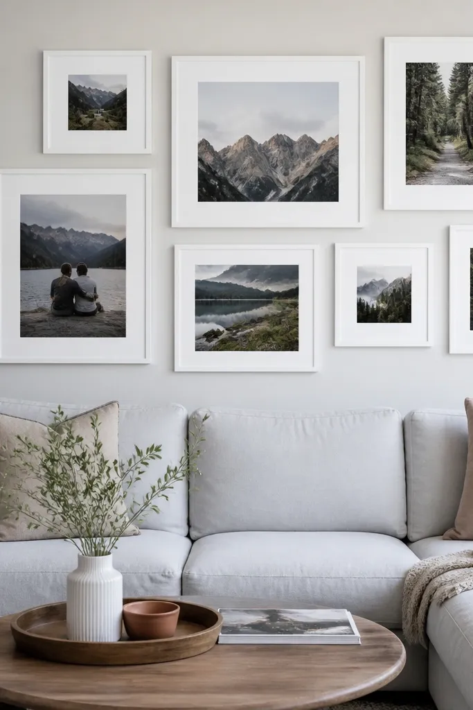 Multiple frames with white mats around matte photos in a tidy arrangement