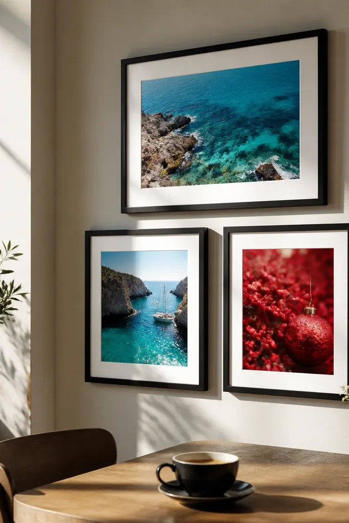 Black frames around photos with strong color, arranged in a balanced grid