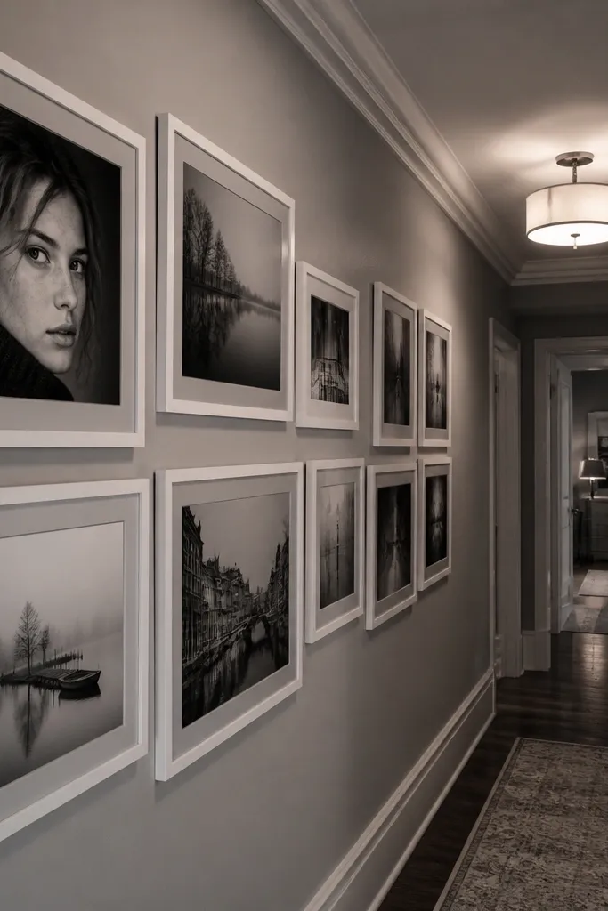 Gray and white framed photos in a tidy grid with soft spacing