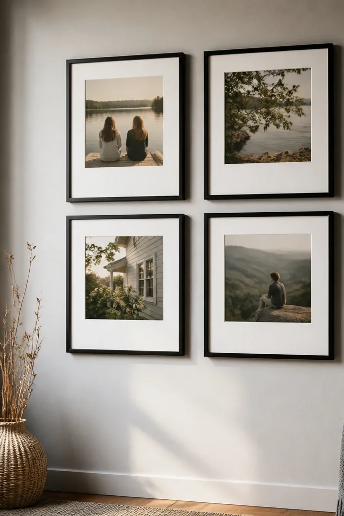 Photos with large off-white mats like polaroids arranged in a casual grid