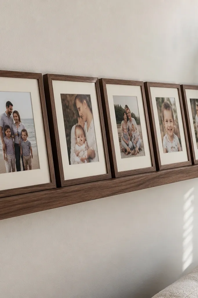 Frames arranged on a ledge-like shelf with even spacing