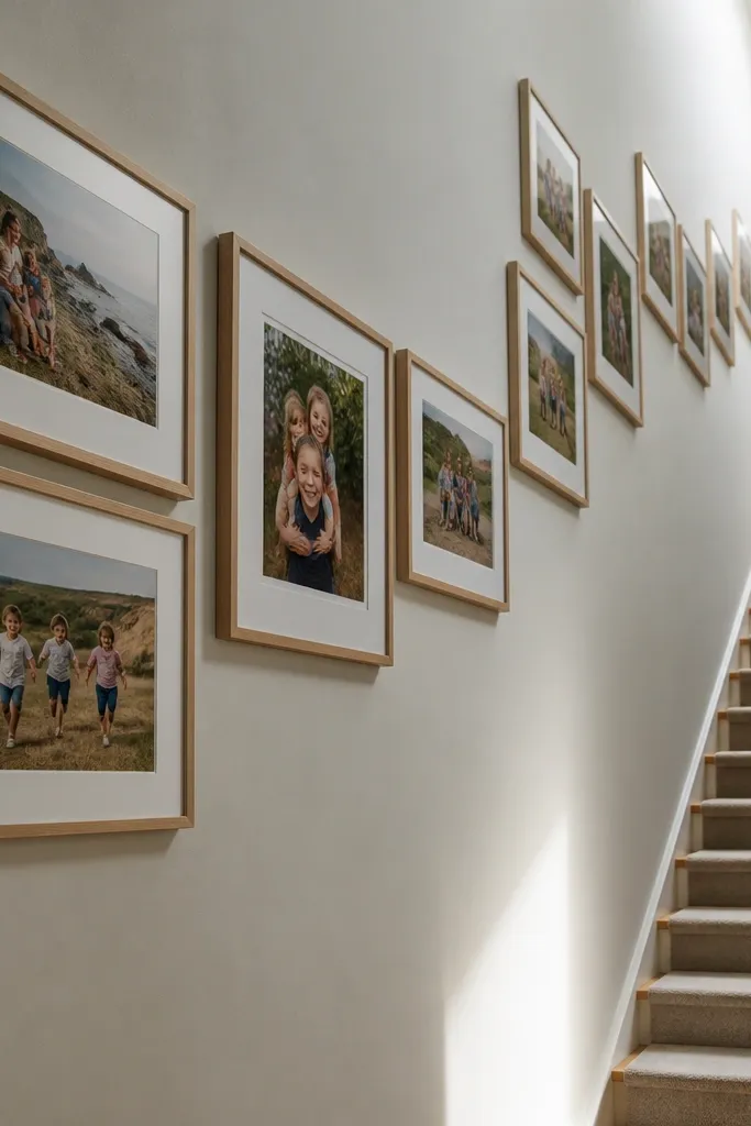 Frames staggered like steps up a narrow wall section
