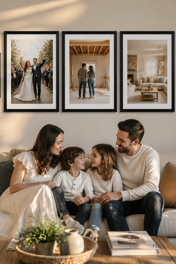 Three main frames in a row with two smaller frames above or below