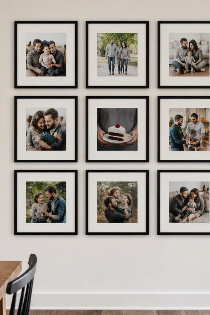 Nine-frame grid with one larger, cropped breaking the uniform pattern